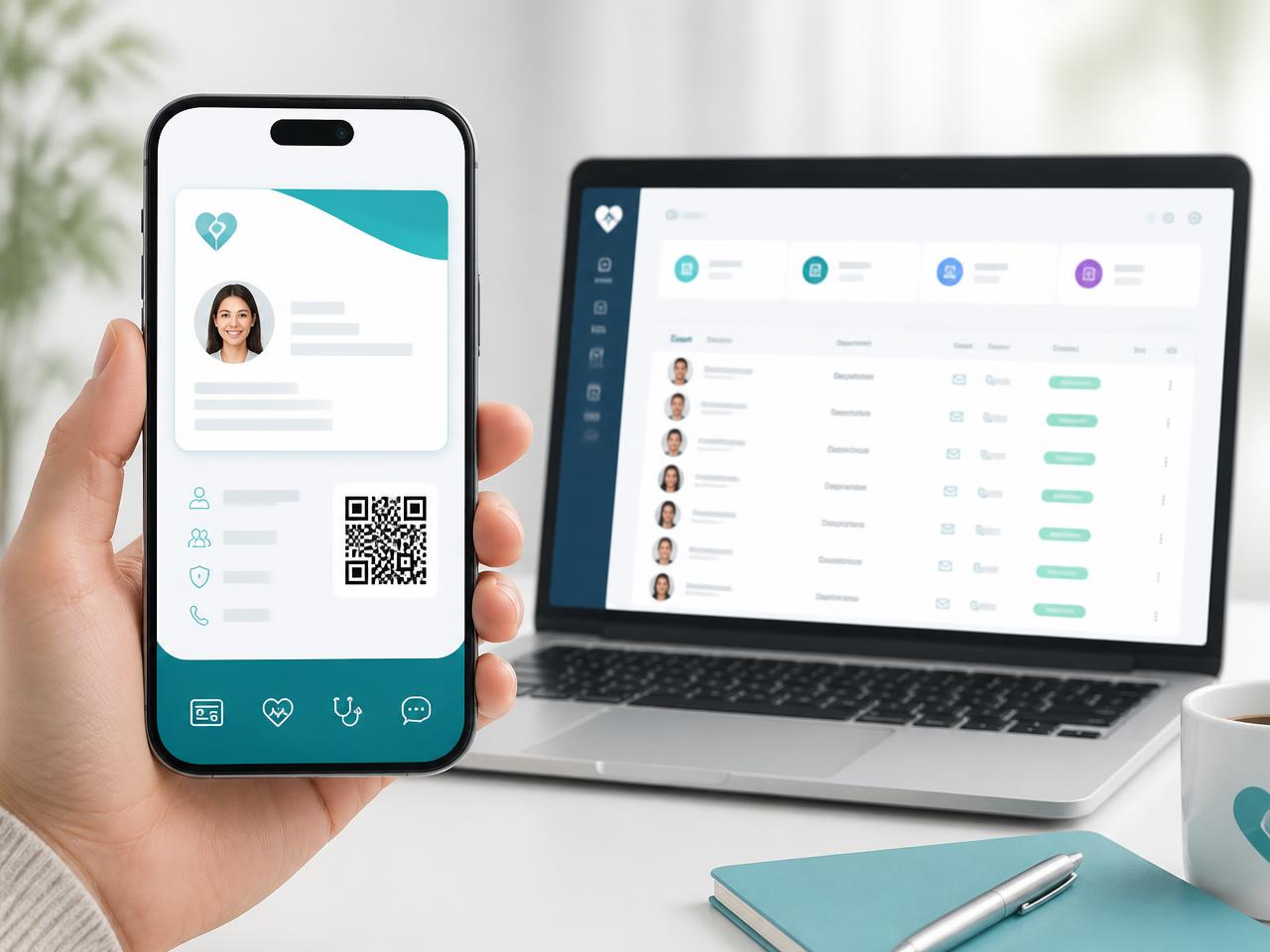 An employee's digital MCR Health member card on a phone next to an employer roster dashboard